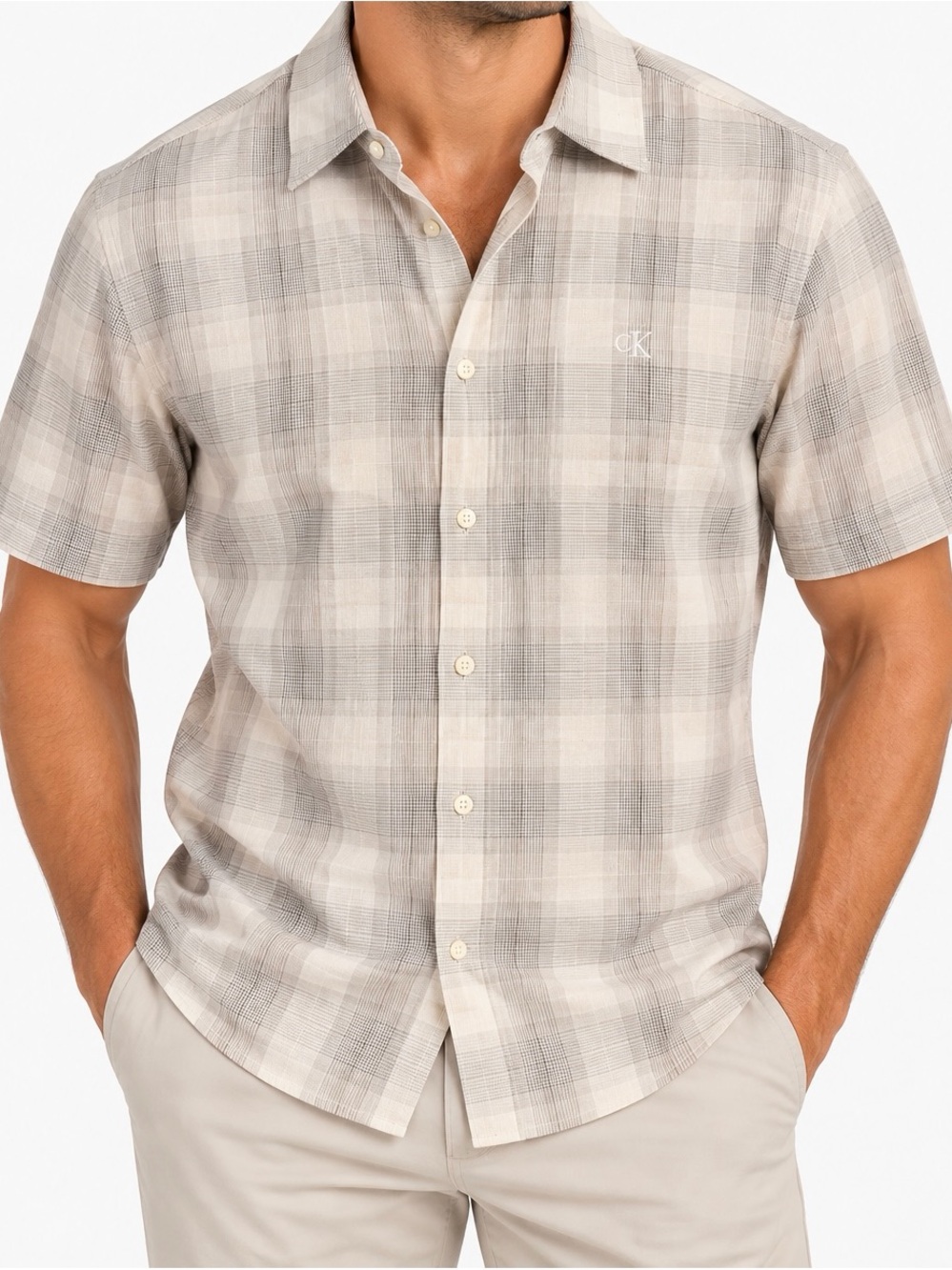 NWT Calvin Klein Neutral Plaid Short-Sleeve Button-Down Shirt